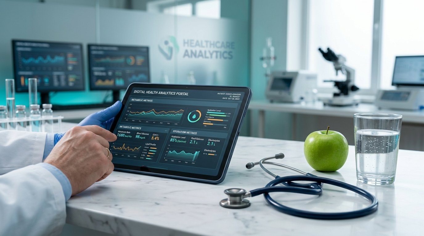 Digital clinical diagnostics tablet displaying metabolic biometrics and stethoscope